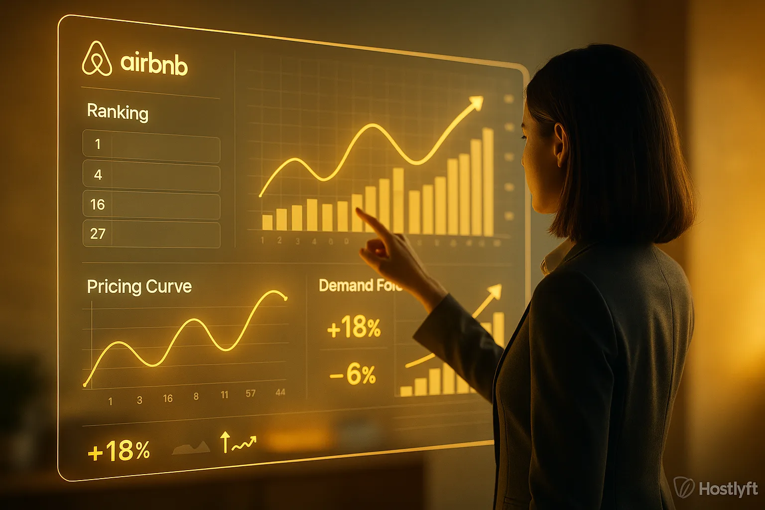 Revenue manager reviewing Airbnb ranking and pricing data on a dashboard