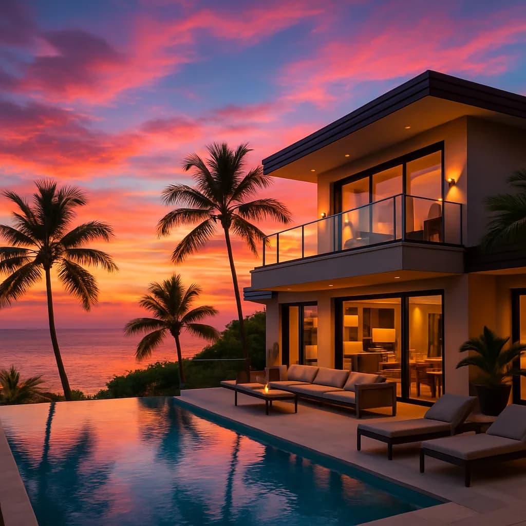Luxury villa with palm trees and a sea view at sunset