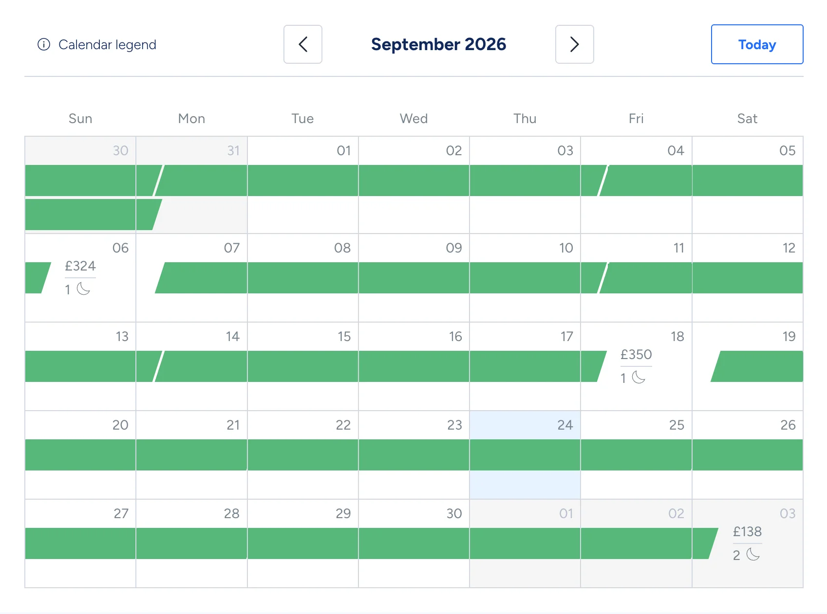 Booking calendar for the same caravan in September 2026: booked on all but two nights