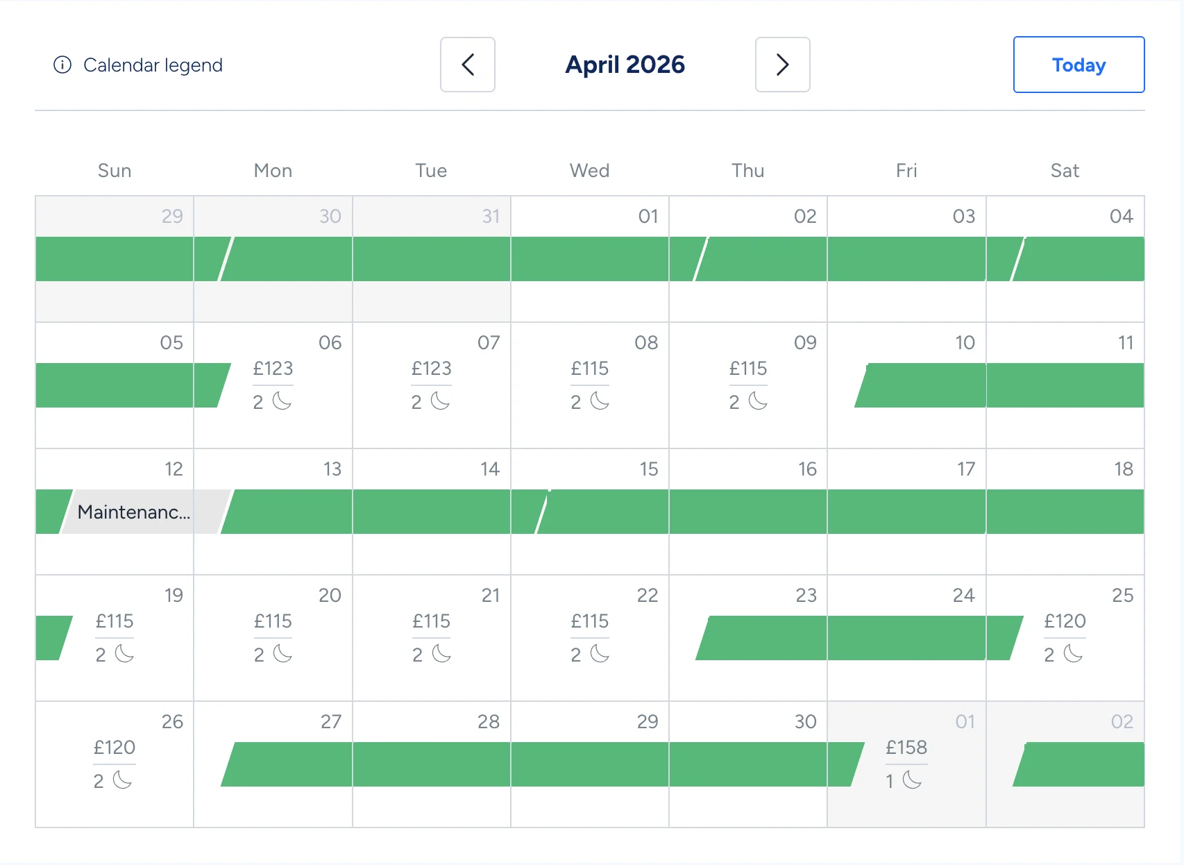 Booking calendar for one ViVi Stays caravan in April 2026: ten nights unbooked, priced £115 to £123