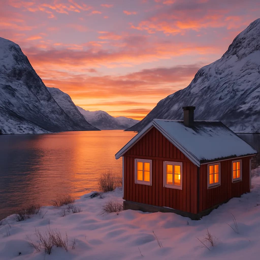 Cozy cabin beside a Norwegian fjord at sunset