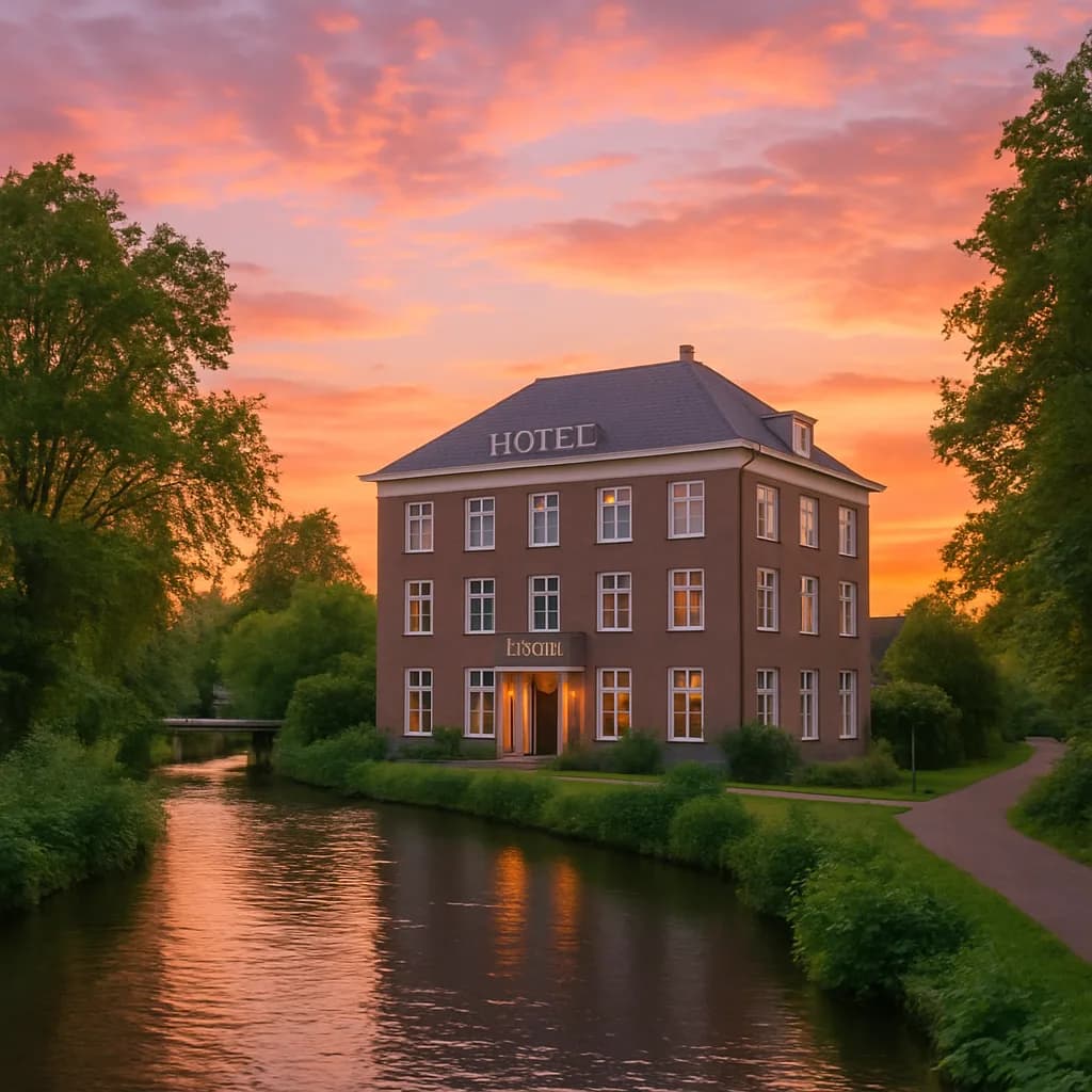 Aparthotel building beside a river at sunset