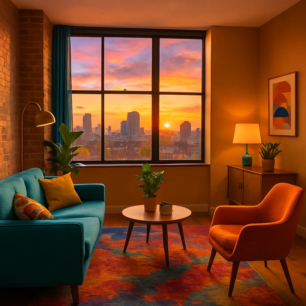 Modern city apartment interior at sunset