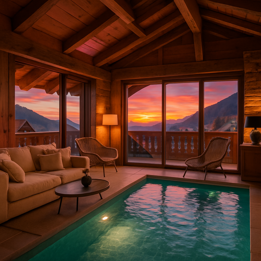 photographic Vacation Rental  Chaletsunset and colorful vibeschic french chalet inside interior with pool