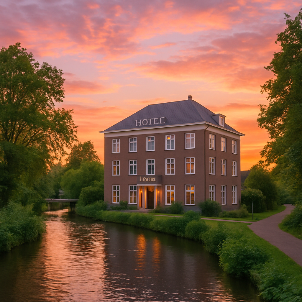 photographic normal looking hotel In netherlandsgreenery  rivercolorful sunset vibespicture in not dark
